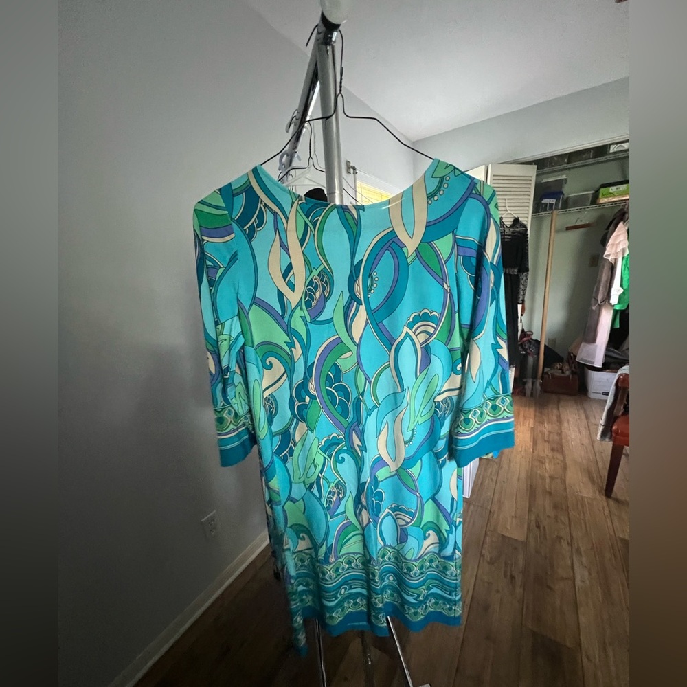 3/$20 London Times Teal and Cream Patterned Dress 3/4 sleeve 14 petite